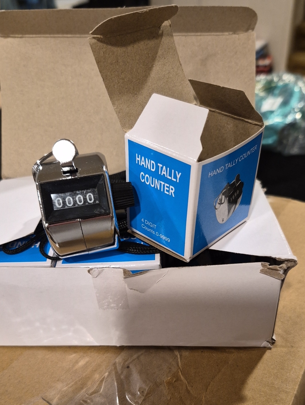 Box of 6 Silver Hand Tally Counter with Black Reset Knob and Lanyard